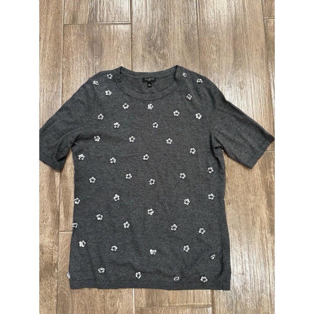 Talbots Short Sleeve Sweater Grey Silver Sequin Bead‎ Floral Embellished Small P